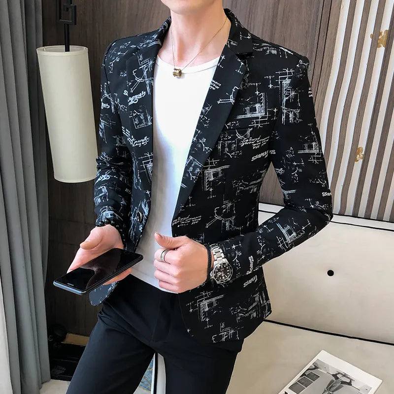 jiaabc Men Blazer Spring Fashion High-quality Men Korean Version of The Printed Slim Formal Wedding Party Prom Suit Jacket