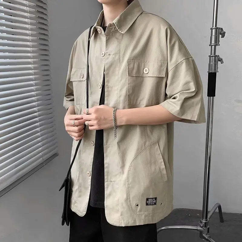 jiaabc Elegant Fashion Shirts Loose Solid Patchwork Casual Turn-down Collar Short Sleeve Pockets Spring Summer Thin Men's Clothing