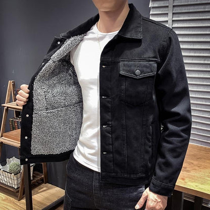 2024 Autumn and Winter New Fashion Solid Color Plus Cashmere Denim Jacket Men's Casual Loose Thick Warm Large Size Jacket M-4XL