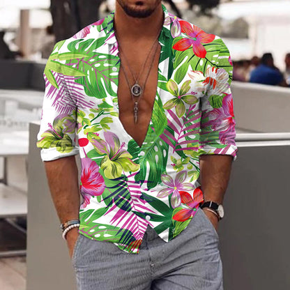 jiaabc Spring Autumn Men Hawaiian Shirts Turn-down Collar Buttoned Tops Men's Casual Tropical Printed Long Sleeve Shirt Streetwear