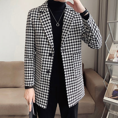 Houndstooth Lapel Mid-Length Men Windbreaker Coat Winter Suit Collar Fashion Print Casual Overcoat Jacket Streetwear Social Coat