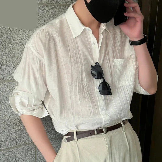 jiaabc Vintage Men's White Shirt, Youthful Casual Loose Fit Long-sleeve Sun Protection Shirt, High-quality Slightly Wrinkled Fabric