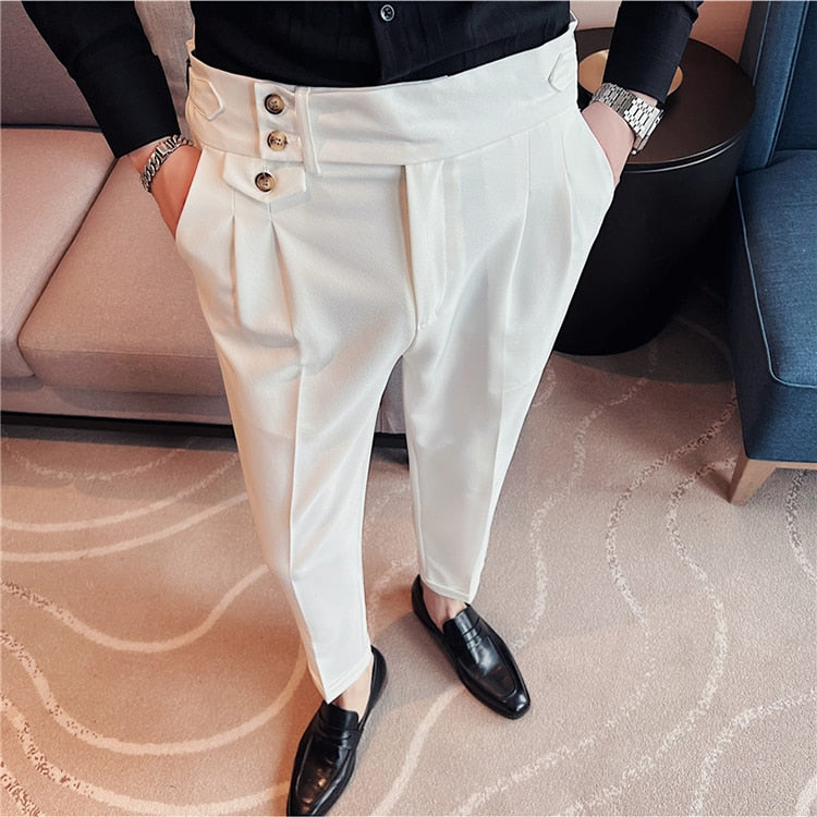 jiaabc British Style Spring New Solid Business Casual Suit Pants High Waist Button Men Formal Pants High Quality Slim Office Trousers