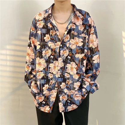 Antique Vintage Long sleeve Shirt for Men Streetwear Korea Style Fashion Design Clothes Full-printed Men's Hip Hop Top Shirt