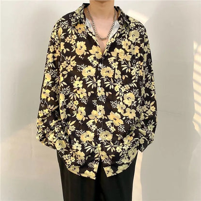 Antique Vintage Long sleeve Shirt for Men Streetwear Korea Style Fashion Design Clothes Full-printed Men's Hip Hop Top Shirt