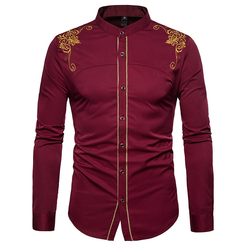 jiaabc Men Spring Autumn Shirt Social Henley Dress Shirt Fashion Long Sleeve Formal Embroidery Tops Clothing Casual camisa masculina