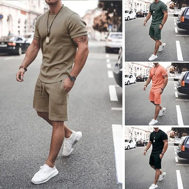 jiaabc Men Clothing T-shirt Suits Shorts and T Shirt Set Solid Colored Crew Neck Drawstring 2 Piece Apparel Designer Sportswear Classic