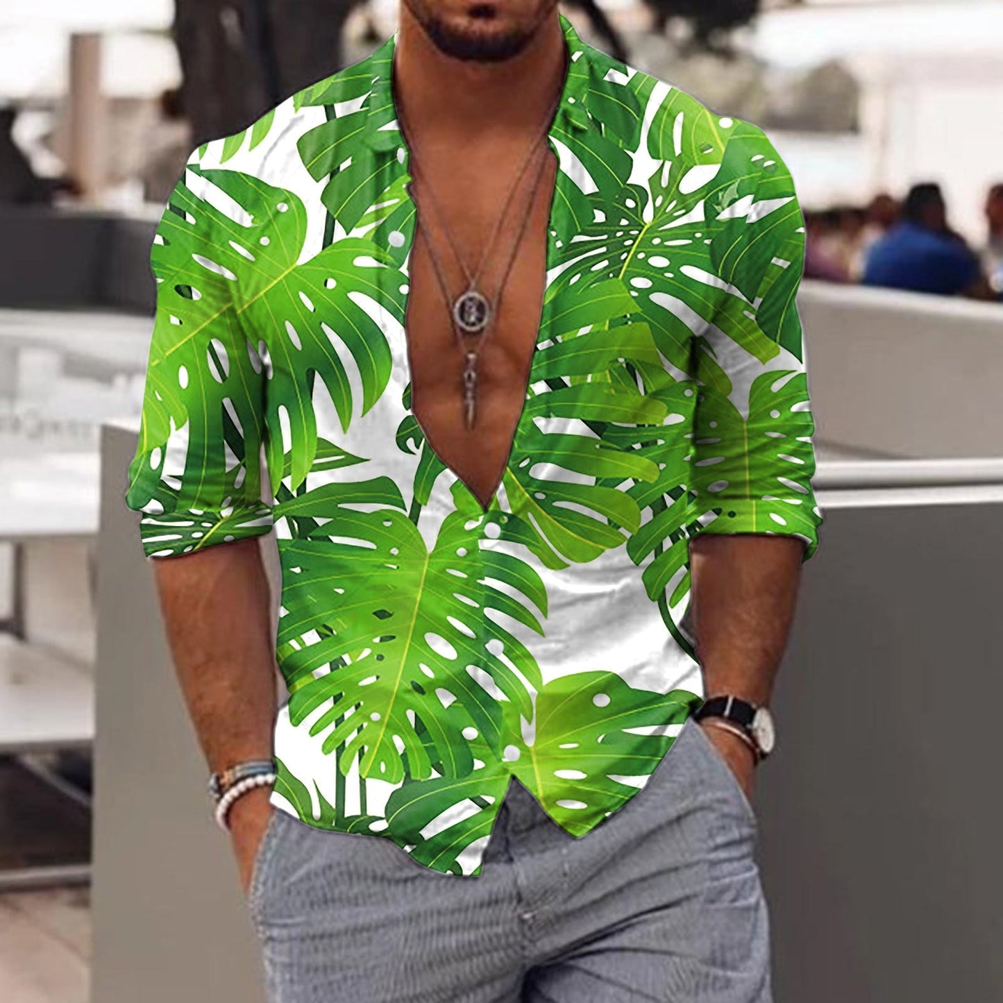 jiaabc Spring Autumn Men Hawaiian Shirts Turn-down Collar Buttoned Tops Men's Casual Tropical Printed Long Sleeve Shirt Streetwear