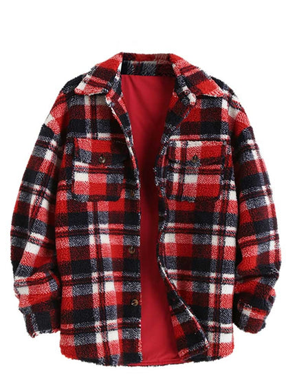 jiaabc Jacket for Men Plaid Fluffy Fleece Shirt Jacket with Pocket Button-up Faux Fur Sherpa Fall Winter Streetwear Topcoats NEW