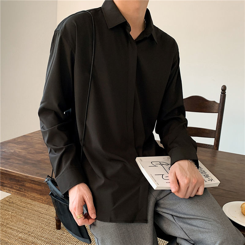 jiaabc Korean Fashion New Drape Shirts for Men Solid Color Long Sleeve Ice Silk Smart Casual Comfortable Button Up Shirt