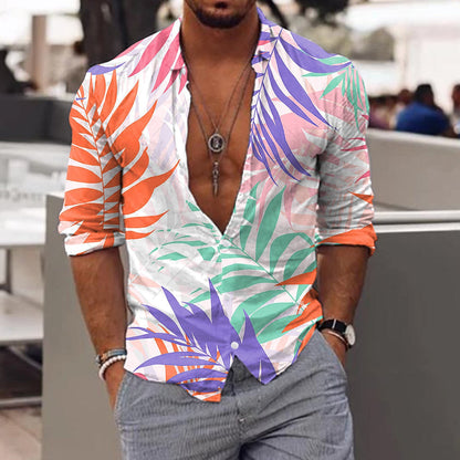 jiaabc Spring Autumn Men Hawaiian Shirts Turn-down Collar Buttoned Tops Men's Casual Tropical Printed Long Sleeve Shirt Streetwear