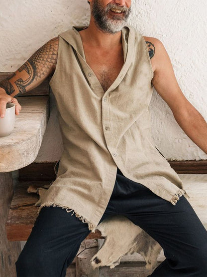 jiaabc Spring Summer Sleeveless Casual Vest Shirt Men Fashion Hoodie Tank Top Vintage Solid Buttoned Vest Pullover Mens Streetwear