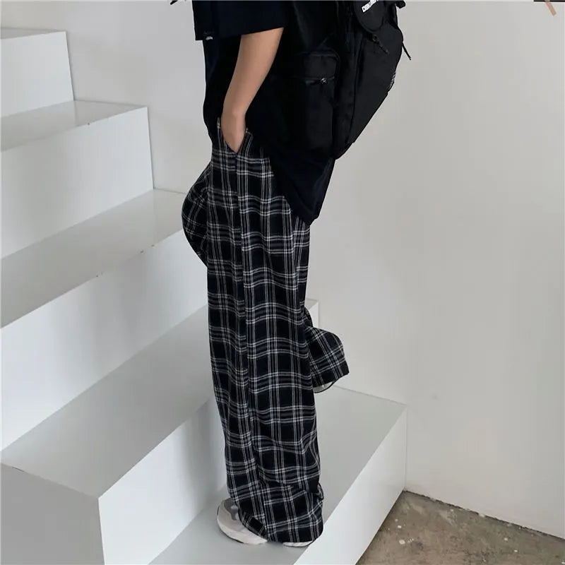 jiaabc Black and Pink Plaid Pants Oversize Women Pants High Waist Loose Wide Leg Trousers Ins Retro Teens Straight Trousers Streetwear