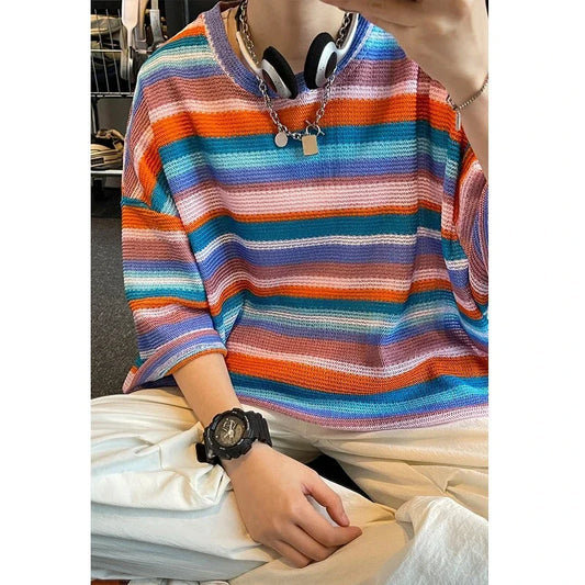 Summer Short Sleeved T-shirt Men Oversized Colorful Striped T Shirt Men Streetwear Hip-hop Loose Round Neck T Shirt Mens Top