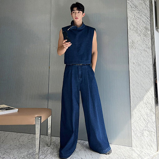 jiaabc Men's Denim Sets Korean Niche Stand Collar Denim Vest Loose Wide Leg Straight Jeans 2023 Summer New Male Two Piece 9C138