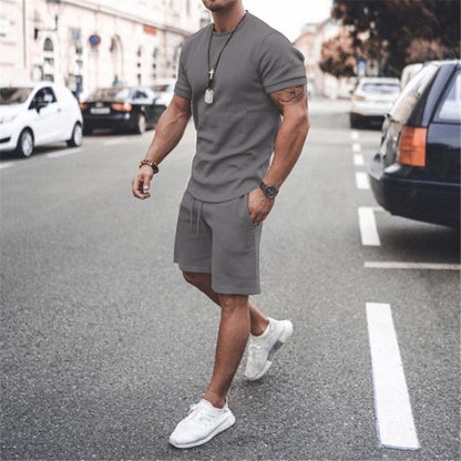 jiaabc Men's Sports Suit Summer Breathable T-shirt 2 piece Set Men Solid Color Fitness Gyms Running Sportswear Male Tracksuit 2023 New