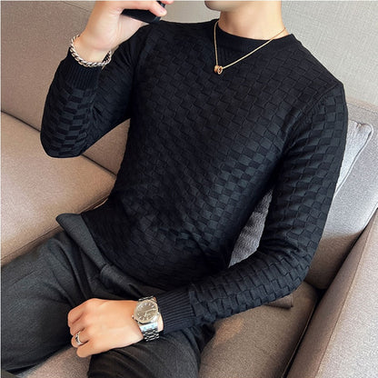 Autumn Winter Stretch Jacquard Woven O-Neck Sweater Men's Waffle Slim Fit Long Sleeve Knitted Pullovers Casual Streetwear Homme