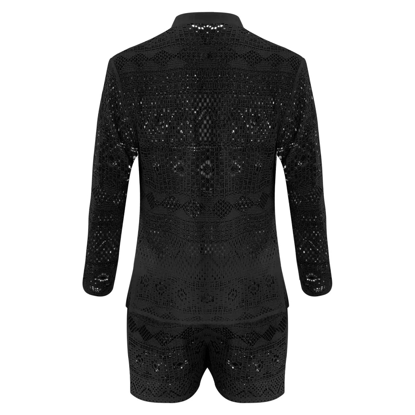 jiaabc New Summer Men Two Piece Suits Sexy See Through Lace Outfits Beach Fashion Plain Pattern Print Long Sleeved Tops And Shorts Set