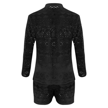 jiaabc New Summer Men Two Piece Suits Sexy See Through Lace Outfits Beach Fashion Plain Pattern Print Long Sleeved Tops And Shorts Set