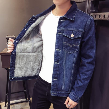 2024 Autumn and Winter New Fashion Solid Color Plus Cashmere Denim Jacket Men's Casual Loose Thick Warm Large Size Jacket M-4XL