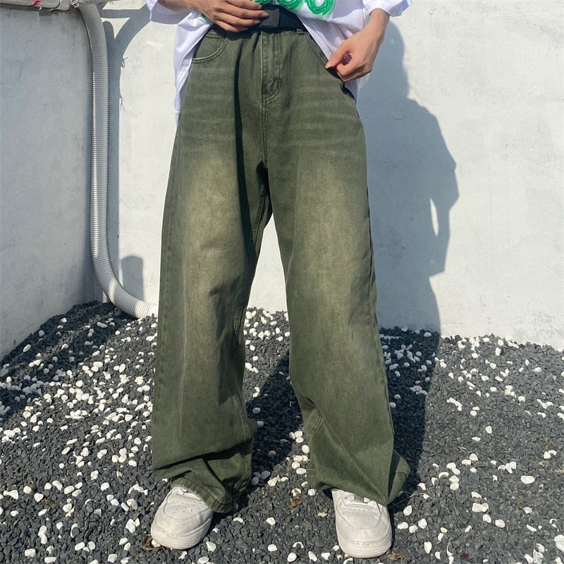 jiaabc Green Jeans Baggy Distressed Vintage Denim Trousers Male Wide Leg Pants Men Streetwear Retro Oversize Casual Hip Hop