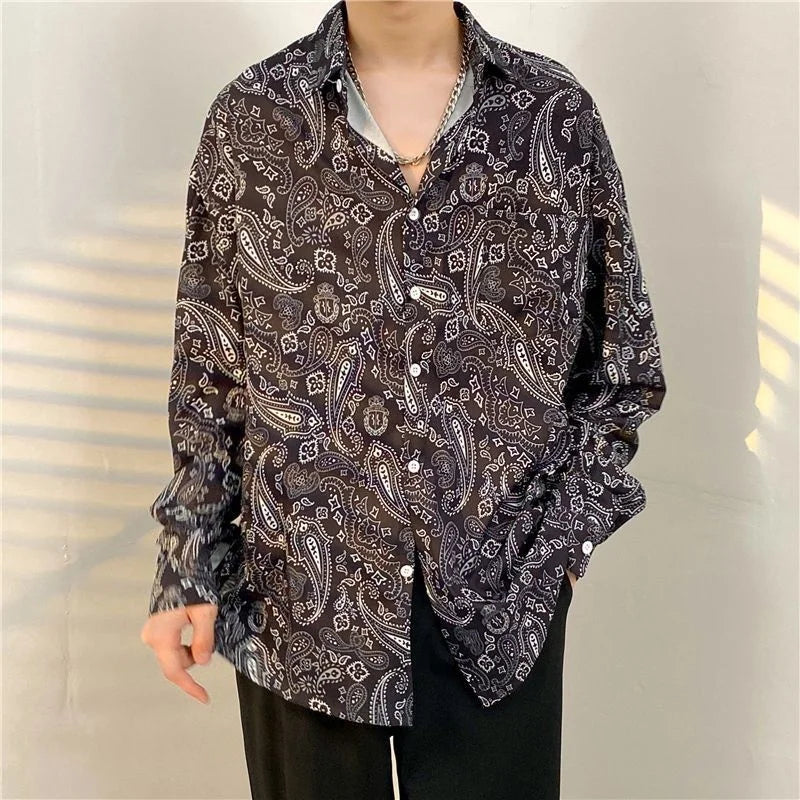 Antique Vintage Long sleeve Shirt for Men Streetwear Korea Style Fashion Design Clothes Full-printed Men's Hip Hop Top Shirt