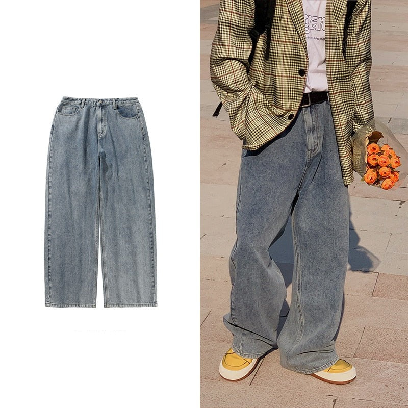 jiaabc Oversized Baggy Jeans Men Fashion Retro Casual Wide Leg Jeans Men Streetwear Loose Hip Hop Straight Denim Pants Mens Trousers