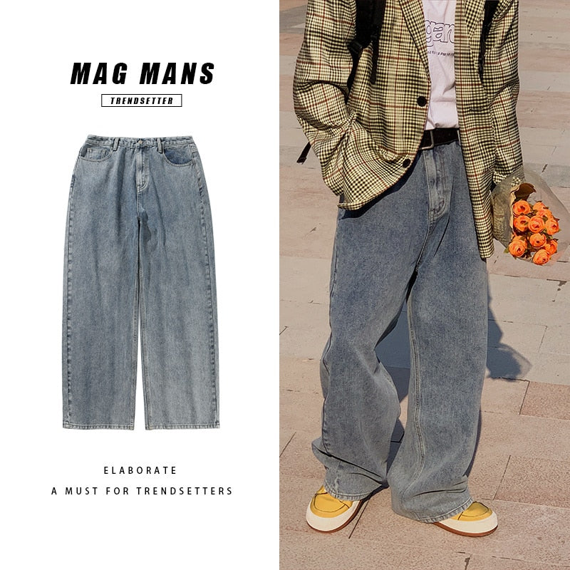 Oversized Baggy Jeans Men Fashion Retro Casual Wide Leg Jeans Men Streetwear Loose Hip Hop Straight Denim Pants Mens Trousers