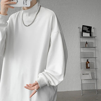 Standing Neck T Shirt Men Oversized Fashion Solid Color Casual Tshirt Men Streetwear Korean Loose Long Sleeve T-shirt Mens Top