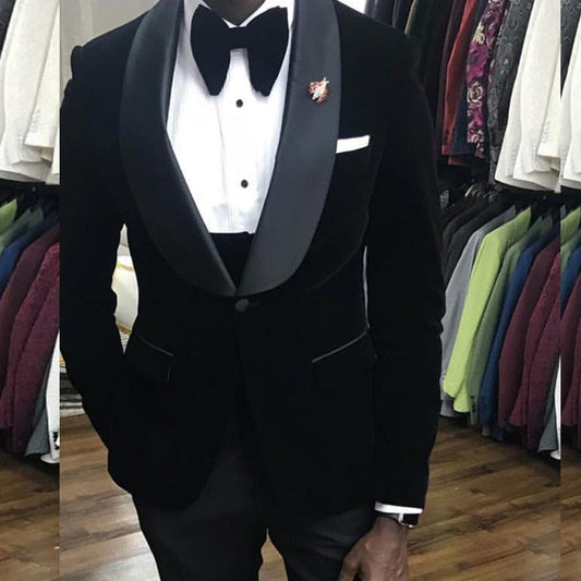 jiaabc Black Velvet Wedding Tuxedo 3 Piece African Men Suits for Prom Slim Fit Groom Male Fashion Costume Jacket Waistcoat with Pants