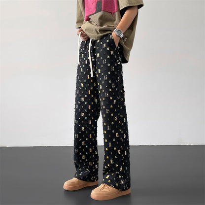 Apricot Black Plaid Pants Men Fashion Retro Hollow Out Pants Men Streetwear Hip-hop Loose Hole Straight Pants Mens Trousers