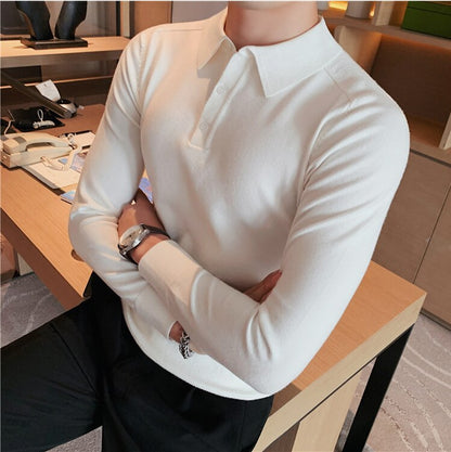 jiaabc Autumn Winter Slim Long Sleeved Polo Shirt Men's Solid Color Lapel knitted Bottom Sweater Business Simple Casual Polo Shirt Top