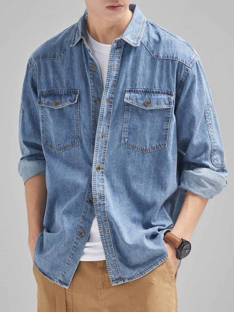 2023 New Denim Cotton Men&#39;s Shirt Long Sleeve Black Blue Drop Shoulder Button Pockets Cowboy Loose Casual Work Jeans Shirts