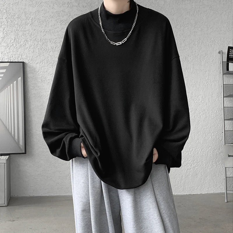 Standing Neck T Shirt Men Oversized Fashion Solid Color Casual Tshirt Men Streetwear Korean Loose Long Sleeve T-shirt Mens Top