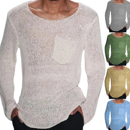 jiaabc Casual Solid Color Slim Fit Knit Tops for Men Spring Long Sleeve Crew Neck Knitting T Shirts Mens Clothes Leisure Tee Shirt