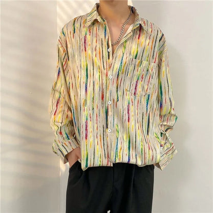 Antique Vintage Long sleeve Shirt for Men Streetwear Korea Style Fashion Design Clothes Full-printed Men's Hip Hop Top Shirt