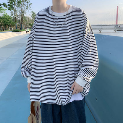 Stripe Long Sleeve T-shirt Oversized t-shirt Men's Retro Casual Round Neck Fashion Couple Bottom Shirt Spring and Autumn Day Top