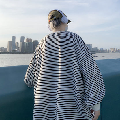 Stripe Long Sleeve T-shirt Oversized t-shirt Men's Retro Casual Round Neck Fashion Couple Bottom Shirt Spring and Autumn Day Top