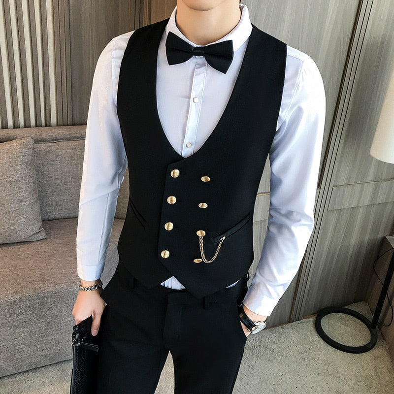 Men's Double Breasted Vest Spring New Slim Sleeveless Formal Suit Vest Gray Black Fashion Men's Business Casual Suit Vest