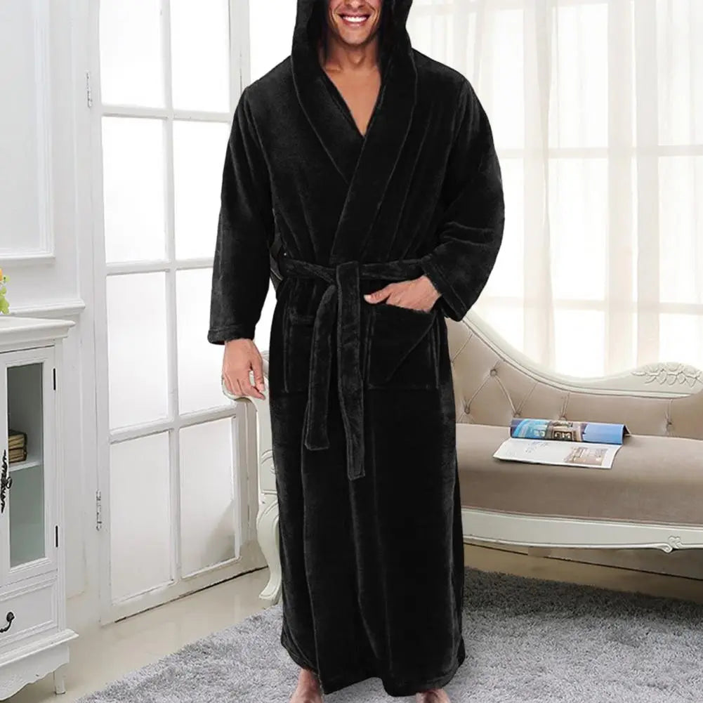 jiaabc Long Sleeve Pocket Belt Solid Color Men Bathrobe Winter Warm Hooded Long Fleece Home Gown Sleepwear