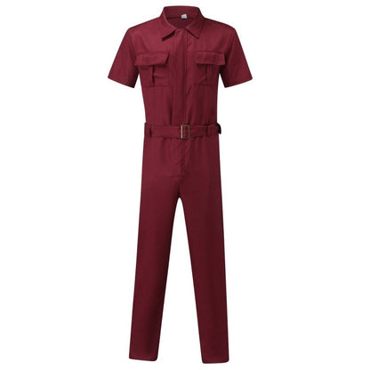 Men's Overalls Casual Streetwear Pocket Solid Color Short Sleeve+Trousers Jumpsuit Fashion Leisure Basic Work Pants