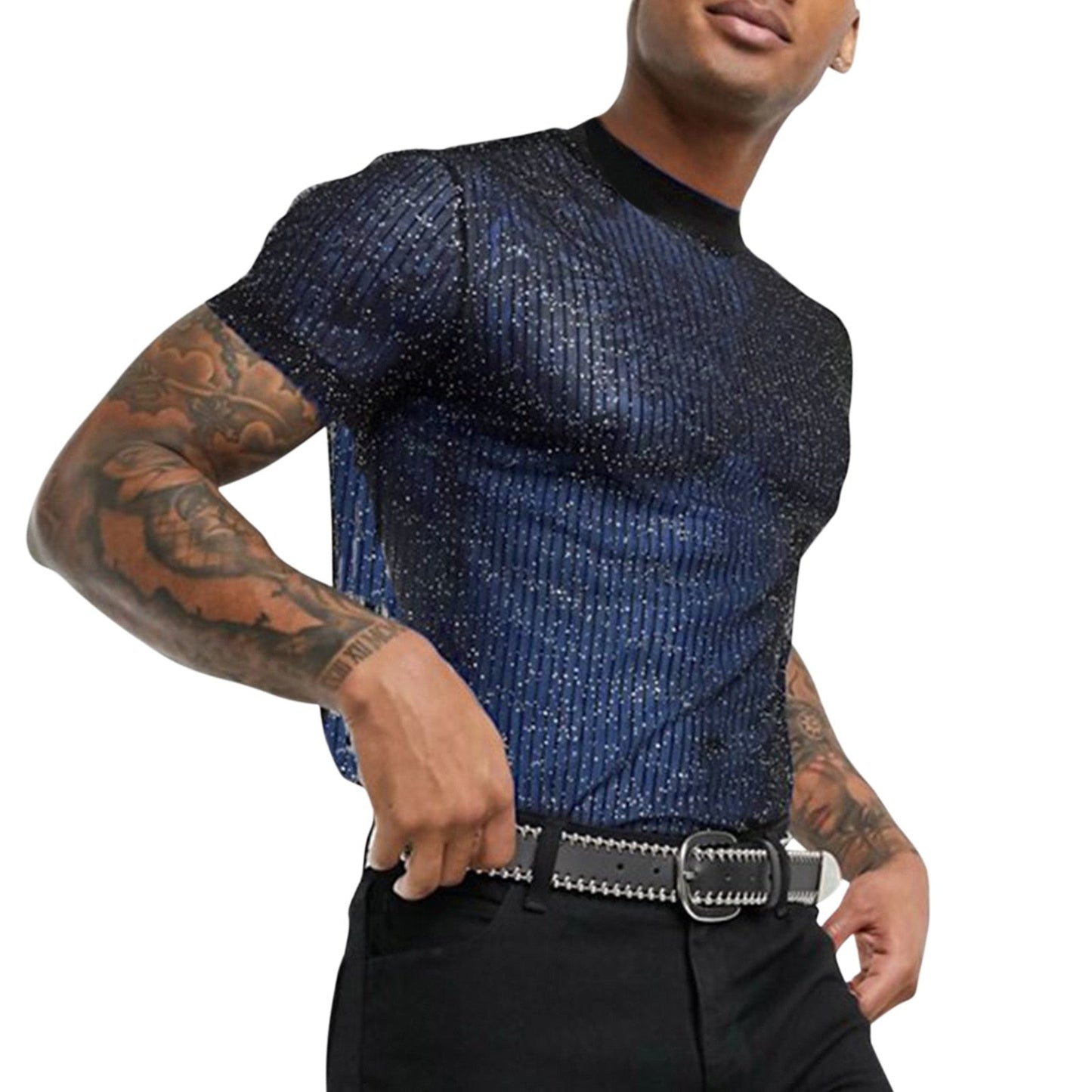 jiaabc Sexy Men's Sequins T-shirt Top Round Neck Short Sleeve Sequin Transparent Mesh T Shirts Summer Male Club Party Tshirts Camiseta