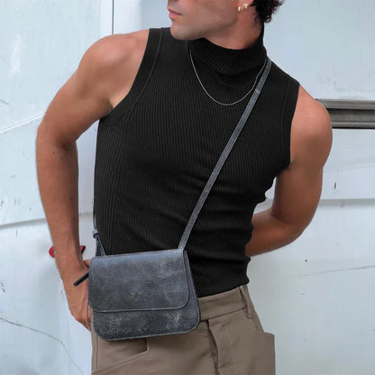 Fashion Sleeveless Turtleneck Tank Tops Men New Casual Solid Color Ribbed Camisole Mens Trendy Bottom Tops Male Vest Streetwear