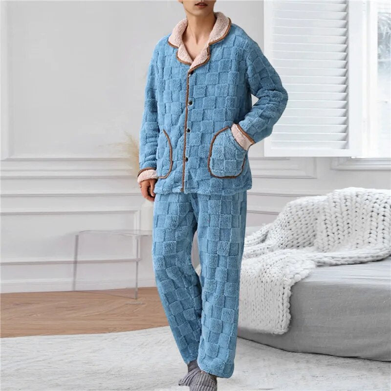 jiaabc Men Warm Flannel Autumn Winter Pajamas Turn-down Collar Long-sleeved Trousers Two-piece Set Loose Comfortable Sleepwear Suit