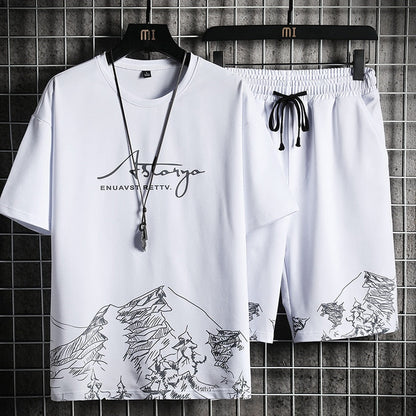 jiaabc jiaabc 2023 New Men's T-shirt + Shorts Set Summer Breathable Casual T Shirt Running Set Fashion Harajuku Printed Male Sport Suit