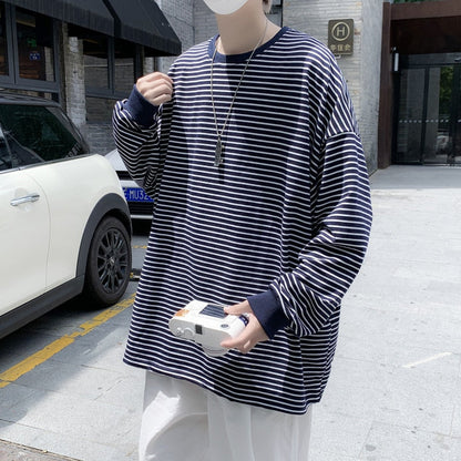 Stripe Long Sleeve T-shirt Oversized t-shirt Men's Retro Casual Round Neck Fashion Couple Bottom Shirt Spring and Autumn Day Top