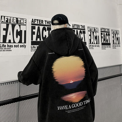 jiaabc Retro Wash Hooded Sweater Man Sunset Graphic Printed Oversized Korean Fashion Hoodies Men Tops Harajuku Street Coat