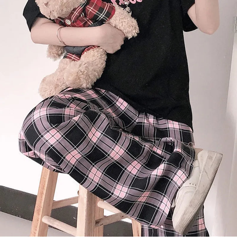 jiaabc Black and Pink Plaid Pants Oversize Women Pants High Waist Loose Wide Leg Trousers Ins Retro Teens Straight Trousers Streetwear