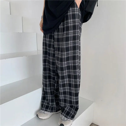 jiaabc Black and Pink Plaid Pants Oversize Women Pants High Waist Loose Wide Leg Trousers Ins Retro Teens Straight Trousers Streetwear