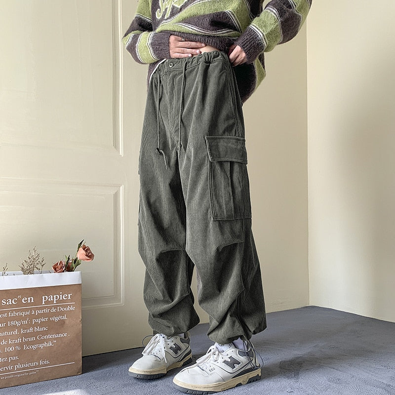 jiaabc Autumn Winter Corduroy Pants Men Fashion Oversize Pocket Cargo Trousers Streetwear Hip Hop Loose Straight Pants Male Joggers